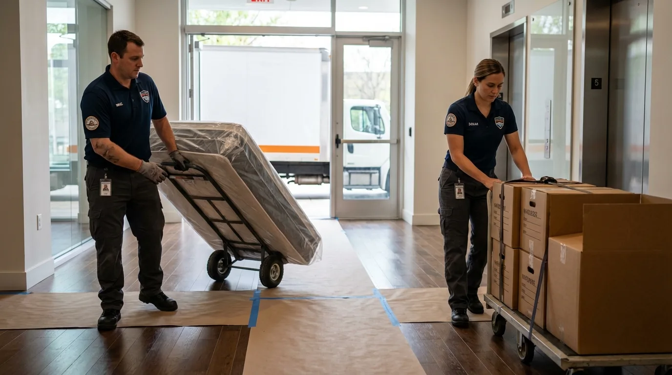 Professional apartment movers loading elevator in Elizabethton, TN