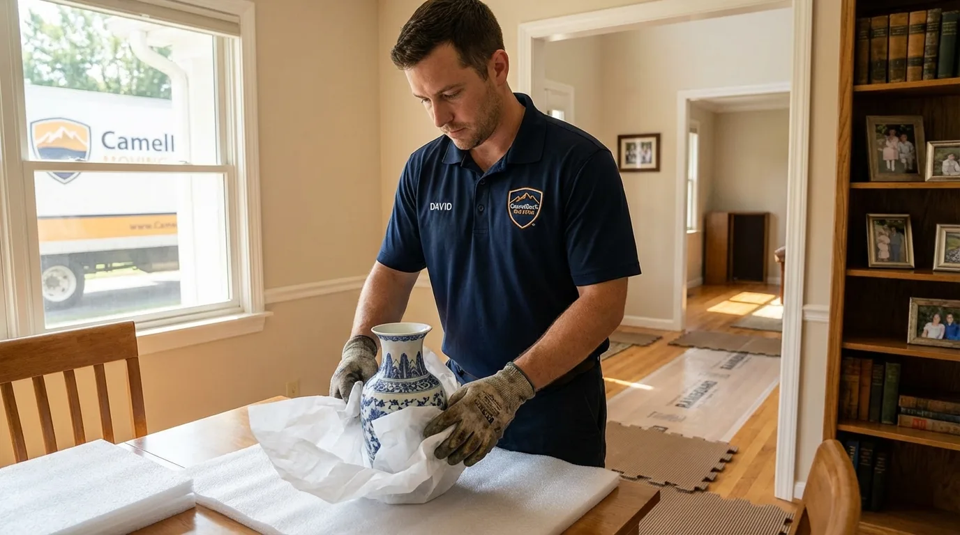 Professional crew carefully wrapping antique vase for senior downsizing move in Elizabethton, TN
